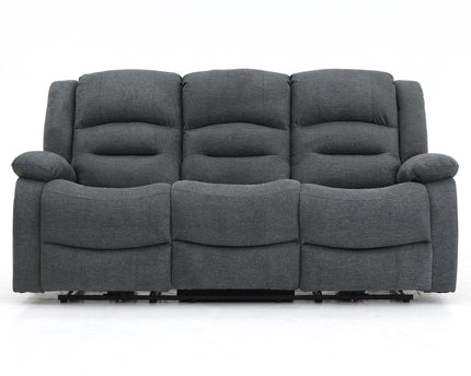 Alva grey fabric electric power reclining 3 seater, two end seats recline with usb port and side pocket. fold down middle seat with drink holder