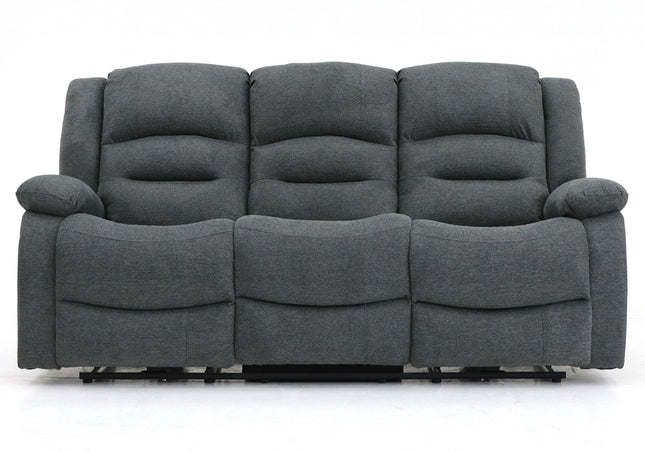 Alva grey fabric electric power reclining 3 seater, two end seats recline with usb port and side pocket. fold down middle seat with drink holder