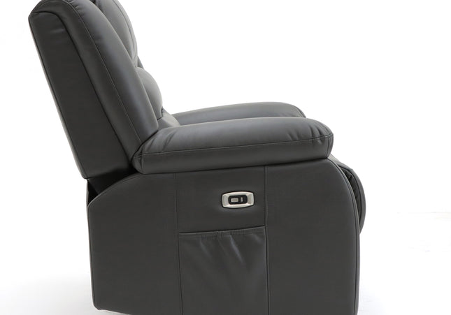 Alva grey fabric electric power reclining 3 seater and 2 seater, two end seats recline with usb port and side pocket. fold down middle seat with drink holder