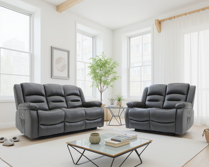 Alva Electric Recliner 3+2 Sofa Set In Grey Leather