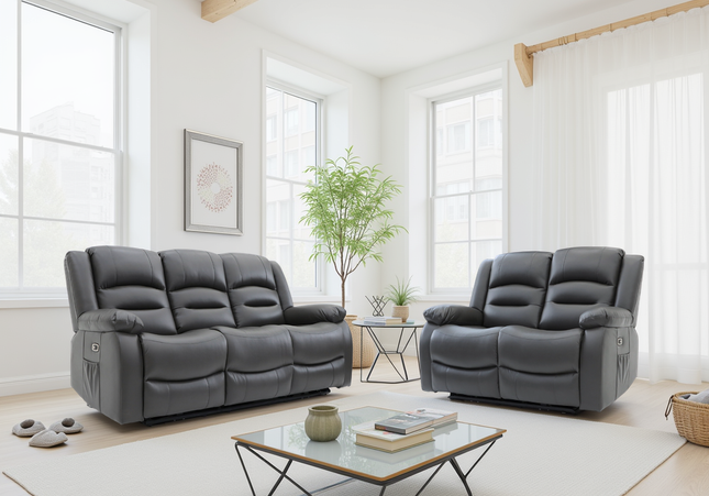 Alva Electric Recliner 3+2 Sofa Set In Grey Leather