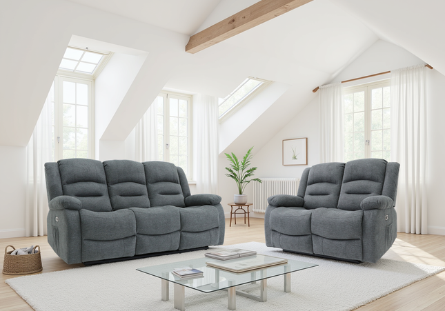 Alva Electric Recliner 3+2 Sofa Set in Grey Fabric