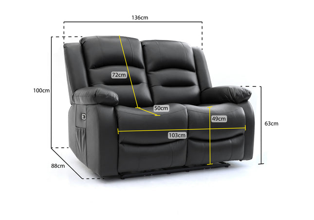 Alva black leather electric power reclining two seater with usb port and side pockets. both seats recline