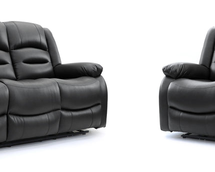 Alva black leather electric power reclining three and two seater with usb port and side pockets. both end seats recline. middle seat pulldown drinks holder on the three seater 