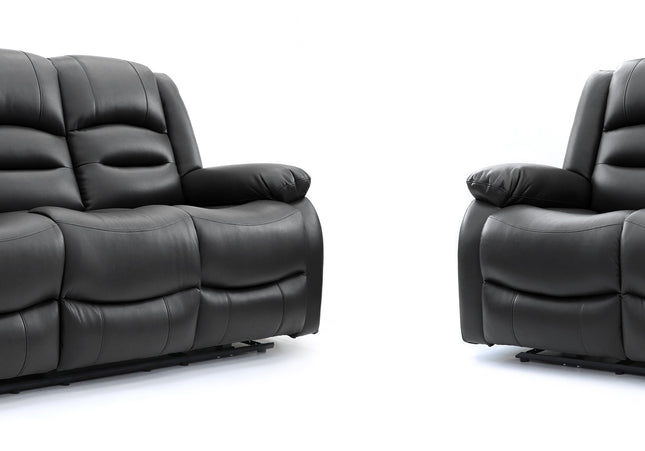 Alva black leather electric power reclining three and two seater with usb port and side pockets. both end seats recline. middle seat pulldown drinks holder on the three seater