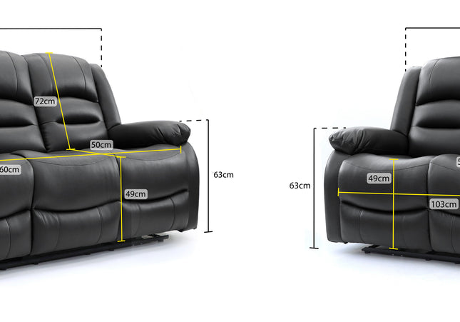 Alva black leather electric power reclining three and two seater with usb port and side pockets. both end seats recline. middle seat pulldown drinks holder on the three seater 