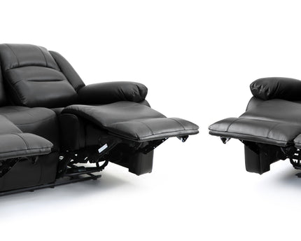 Alva black leather electric power reclining three and two seater with usb port and side pockets. both end seats recline. middle seat pulldown drinks holder on the three seater 