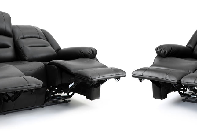 Alva black leather electric power reclining three and two seater with usb port and side pockets. both end seats recline. middle seat pulldown drinks holder on the three seater