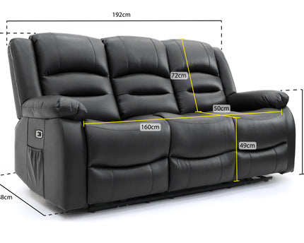 Alva black leather electric power reclining three seater with usb port and side pockets. both end seats recline. middle seat pulldown drinks holder