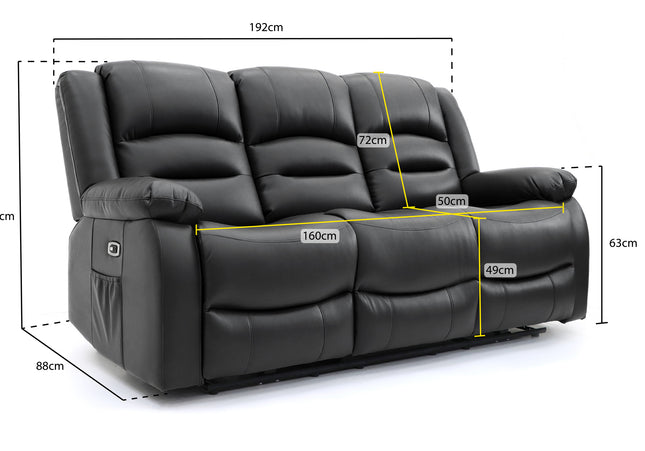 Alva black leather electric power reclining three seater with usb port and side pockets. both end seats recline. middle seat pulldown drinks holder