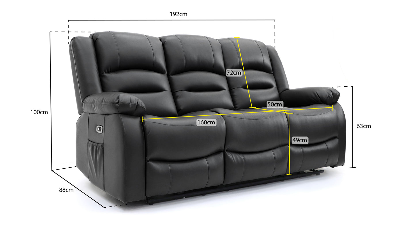 Alva black leather electric power reclining three seater with usb port and side pockets. both end seats recline. middle seat pulldown drinks holder