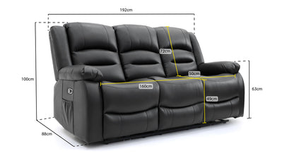 Alva black leather electric power reclining three seater with usb port and side pockets. both end seats recline. middle seat pulldown drinks holder