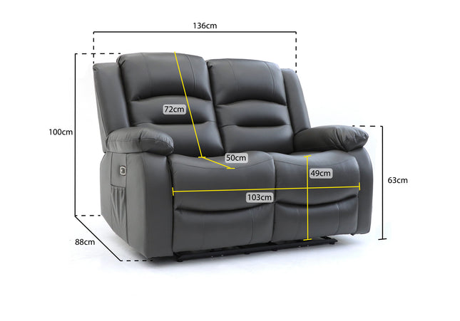 Alva grey leather electric power reclining two seater with usb port and side pockets. both seats recline
