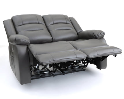 Alva grey leather electric power reclining two seater with usb port and side pockets. both seats recline