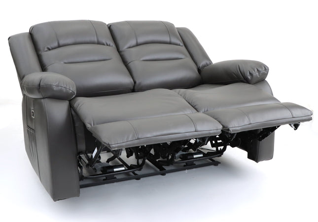 Alva grey leather electric power reclining two seater with usb port and side pockets. both seats recline