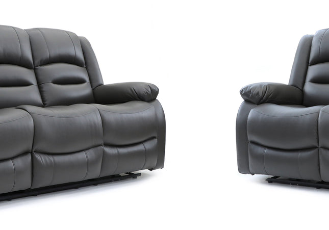 Alva grey fabric electric power reclining 3 seater and 2 seater, two end seats recline with usb port and side pocket. fold down middle seat with drink holder