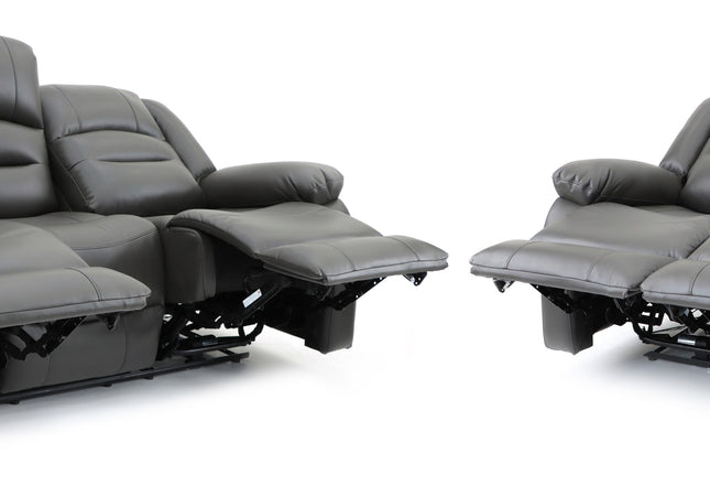 Alva grey fabric electric power reclining 3 seater and 2 seater, two end seats recline with usb port and side pocket. fold down middle seat with drink holder