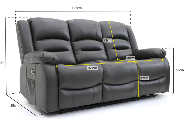 Alva grey leather electric power reclining 3 seater with usb port and side pockets. both end seats recline pull down drink holder