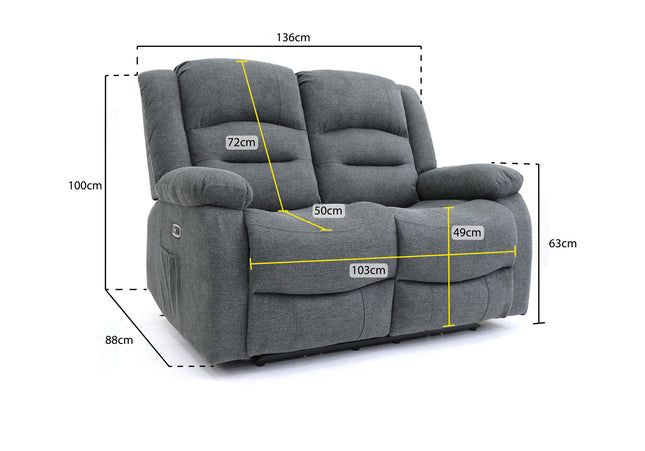 Alva grey fabric electric power reclining 2 seater, both seats recline with usb port and side pockets