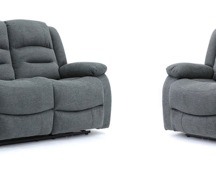 Alva grey fabric electric power reclining 3 seater and 2 seater, two end seats recline with usb port and side pocket. fold down middle seat with drink holder