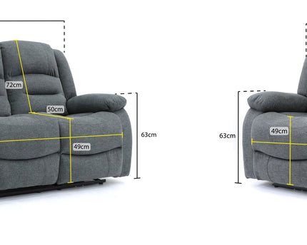 Alva grey fabric electric power reclining 3 seater and 2 seater, two end seats recline with usb port and side pocket. fold down middle seat with drink holder
