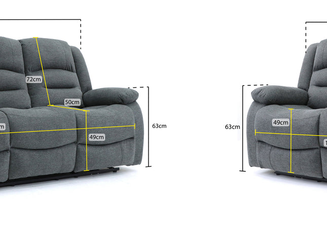 Alva grey fabric electric power reclining 3 seater and 2 seater, two end seats recline with usb port and side pocket. fold down middle seat with drink holder