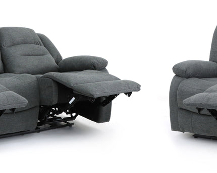 Alva grey fabric electric power reclining 3 seater and 2 seater, two end seats recline with usb port and side pocket. fold down middle seat with drink holder