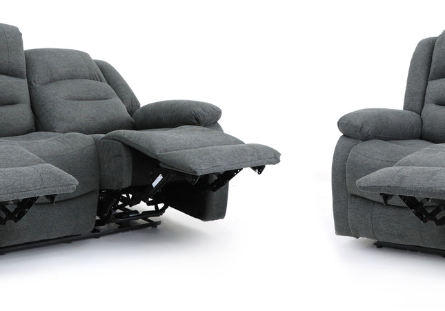 Alva grey fabric electric power reclining 3 seater and 2 seater, two end seats recline with usb port and side pocket. fold down middle seat with drink holder