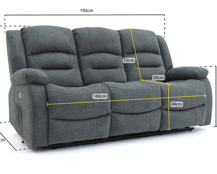 Alva grey fabric electric power reclining 3 seater, two end seats recline with usb port and side pocket. fold down middle seat with drink holder