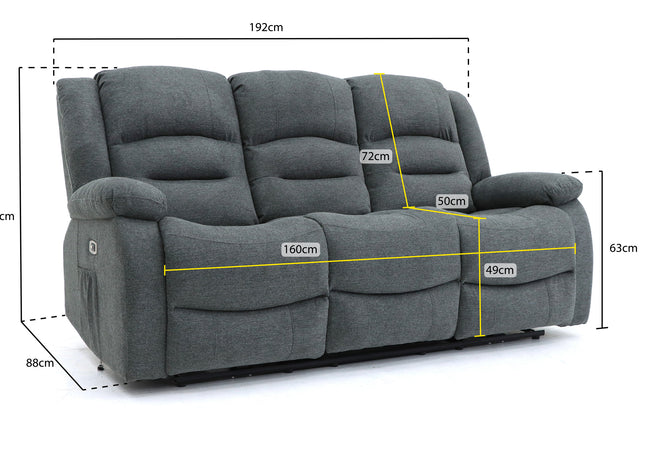 Alva grey fabric electric power reclining 3 seater, two end seats recline with usb port and side pocket. fold down middle seat with drink holder
