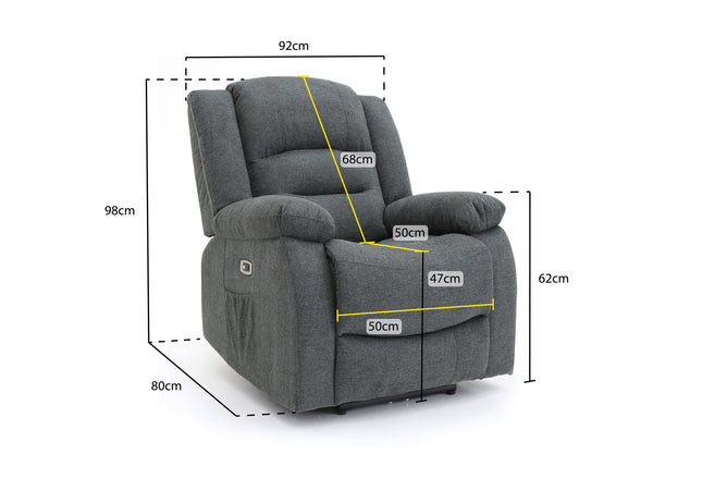 Alva grey fabric electric power reclining chair with usb port and side pockets