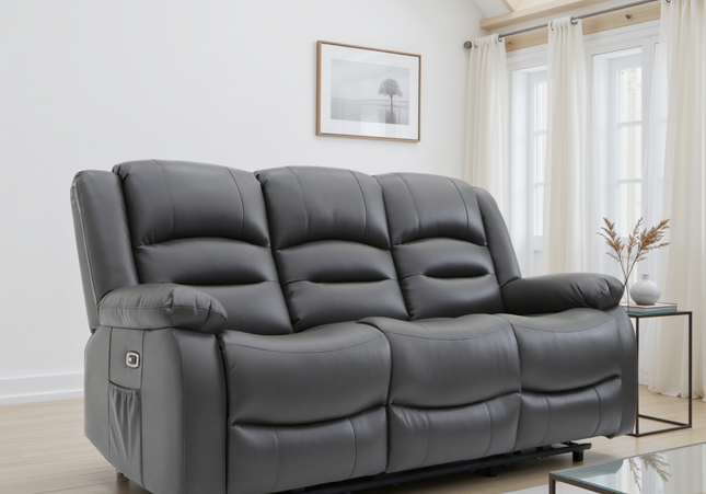 Alva Electric Recliner 3 Seater Sofa In Grey Leather