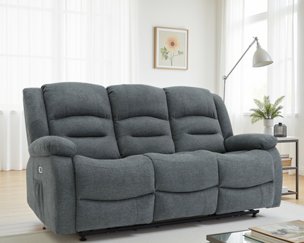 Alva Electric Recliner 3 Seater Sofa In Grey Fabric
