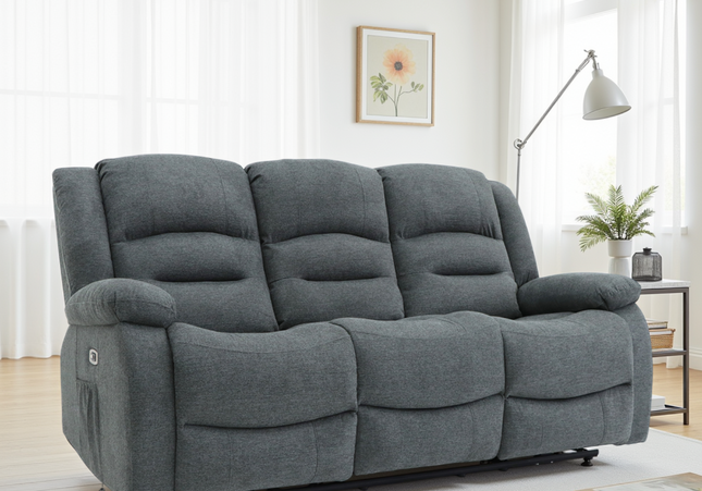 Alva Electric Recliner 3 Seater Sofa In Grey Fabric