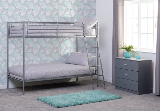 Silver metal bunk bed with ladders