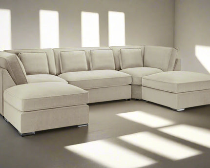 Belgravia U Shape Formal beige Sofa   plush velvet fabric with two moveable footstools