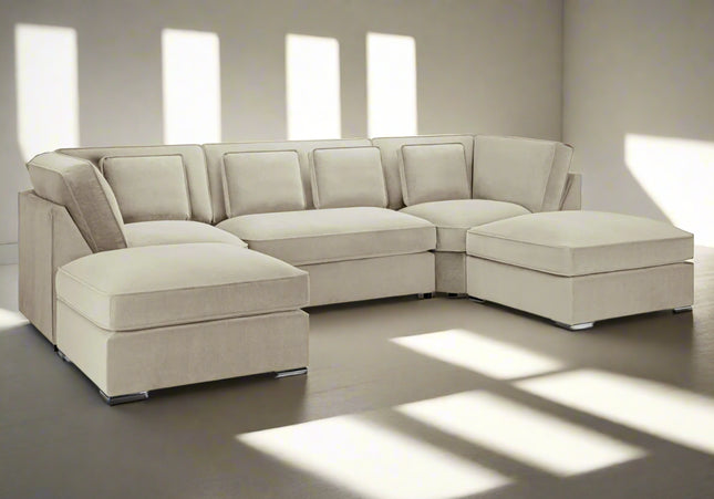 Belgravia U Shape Formal beige Sofa   plush velvet fabric with two moveable footstools