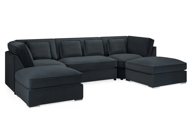 Belgravia U Shape Formal Back Sofa,  u-shape sofa black plush velvet fabric with two movable footstools