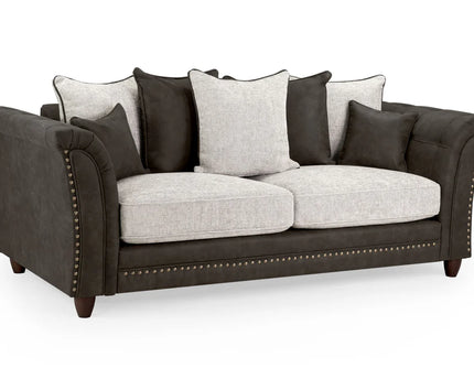 Bella Grey 3 sofa set. Crafted with a blend of polyester and faux leather. scatter back cushions. removable cushions. stud detail around the frame 