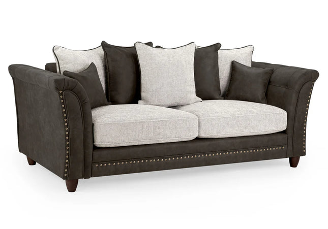 Bella Grey 3 sofa set. Crafted with a blend of polyester and faux leather. scatter back cushions. removable cushions. stud detail around the frame 