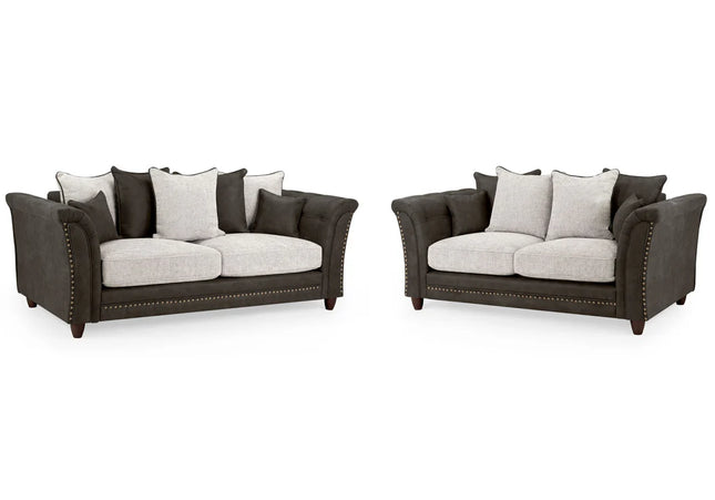 Bella Grey 3+2 sofa set. Crafted with a blend of polyester and faux leather. scatter back cushions. removable cushions. stud detail around the frame 