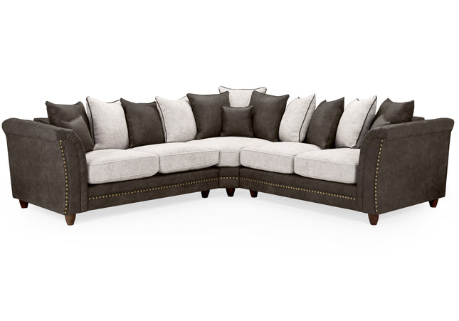 Bella Grey 2c2 sofa. Crafted with a blend of polyester and faux leather. scatter back cushions. removable cushions. stud detail around the frame 