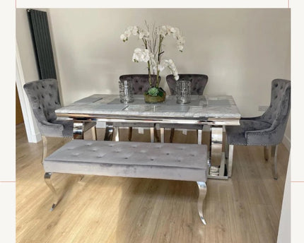 Chelsea 2.0m Grey Marble With 4 Chelsea Chairs & Lewis 1600mm Bench