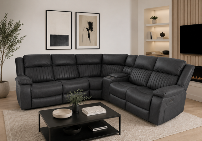 Lotus Tech Power Recliner Corner Sofa In Charcoal