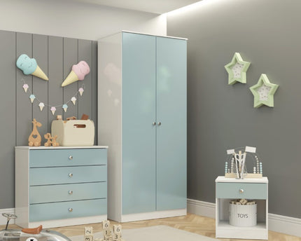 Pastel blue wardrobe, dresser with 4 draw's and a bed side unit with 1 draw
