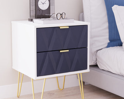 Diamond 2 Drawer Bedside Table in Indigo And White Matt
