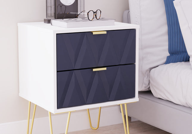 Diamond 2 Drawer Bedside Table in Indigo And White Matt