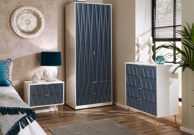 Diamond Trio Bedroom Set In Indigo And White Matt