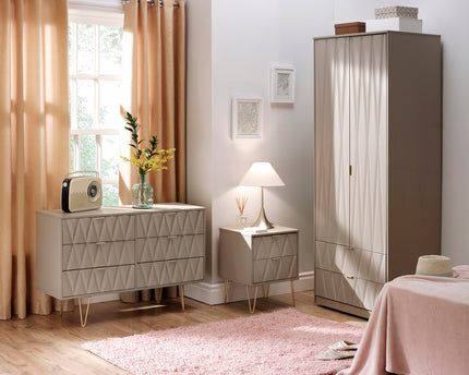 A bedroom set including a mushroom-colored dresser with six drawers, a two-drawer locker, and a wardrobe, all featuring gold metal handles and hairpin legs, 