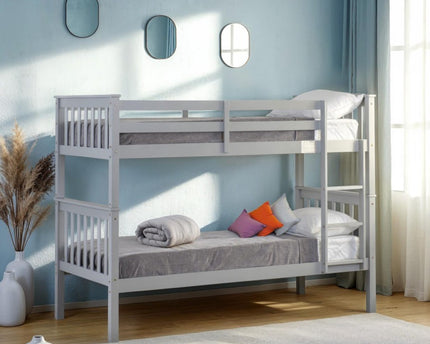 A light grey bunk bed with a fixed ladder on the right front, featuring a top bunk and bottom bunk with traditional wooden slatted bases. 